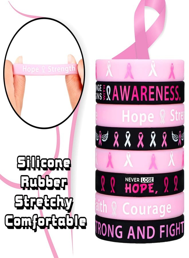 Minatee 100 Pcs Breast Cancer Awareness Bracelets, Pink Ribbon Silicone Wristbands with Hope Faith Strength Courage Support Black Breast Cancer Party Favors Gifts for Women(Classic) - Image 3